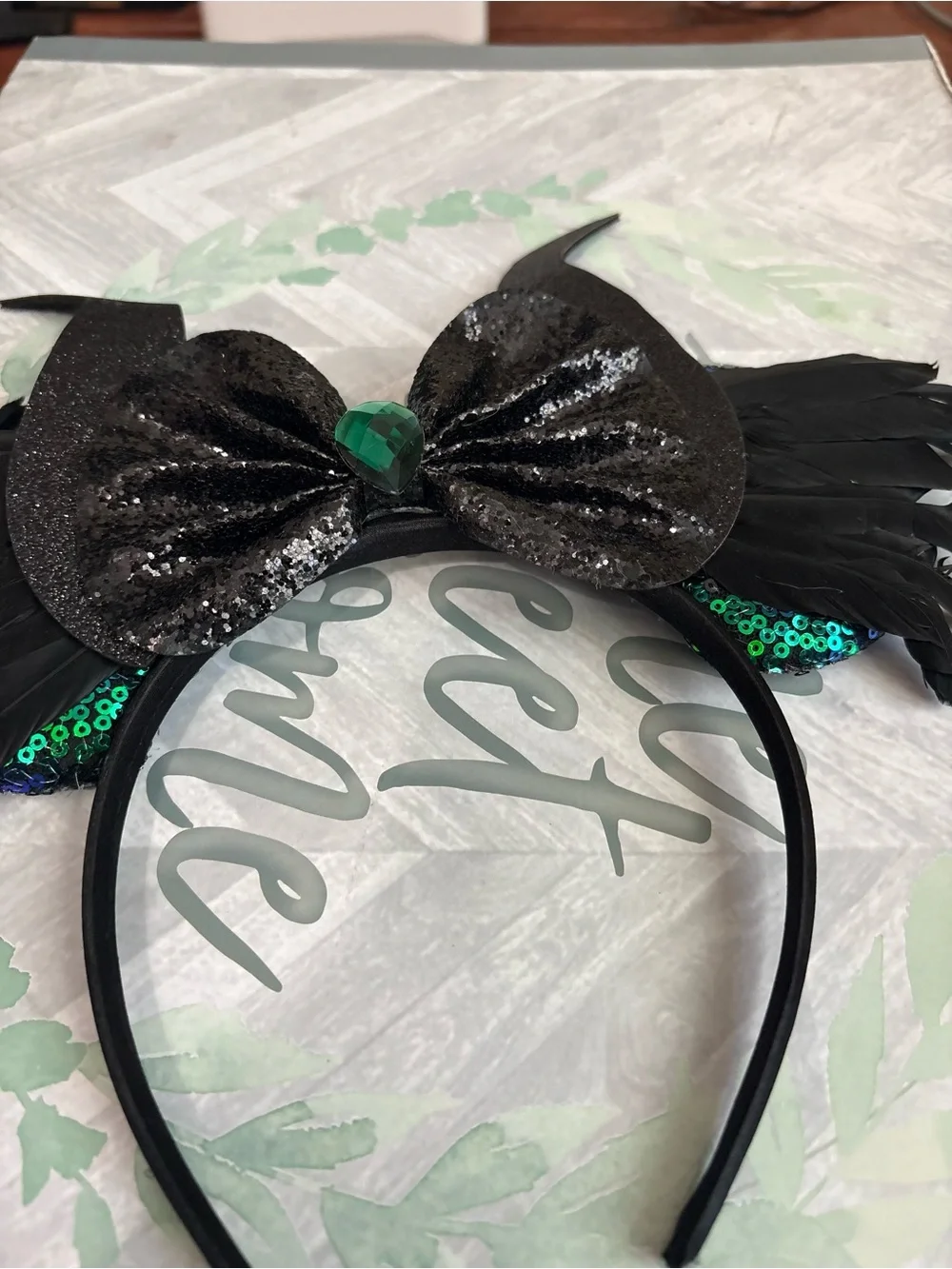 Maleficent Inspired Mouse Ears Headband Black Horns Green Sequins Feathers